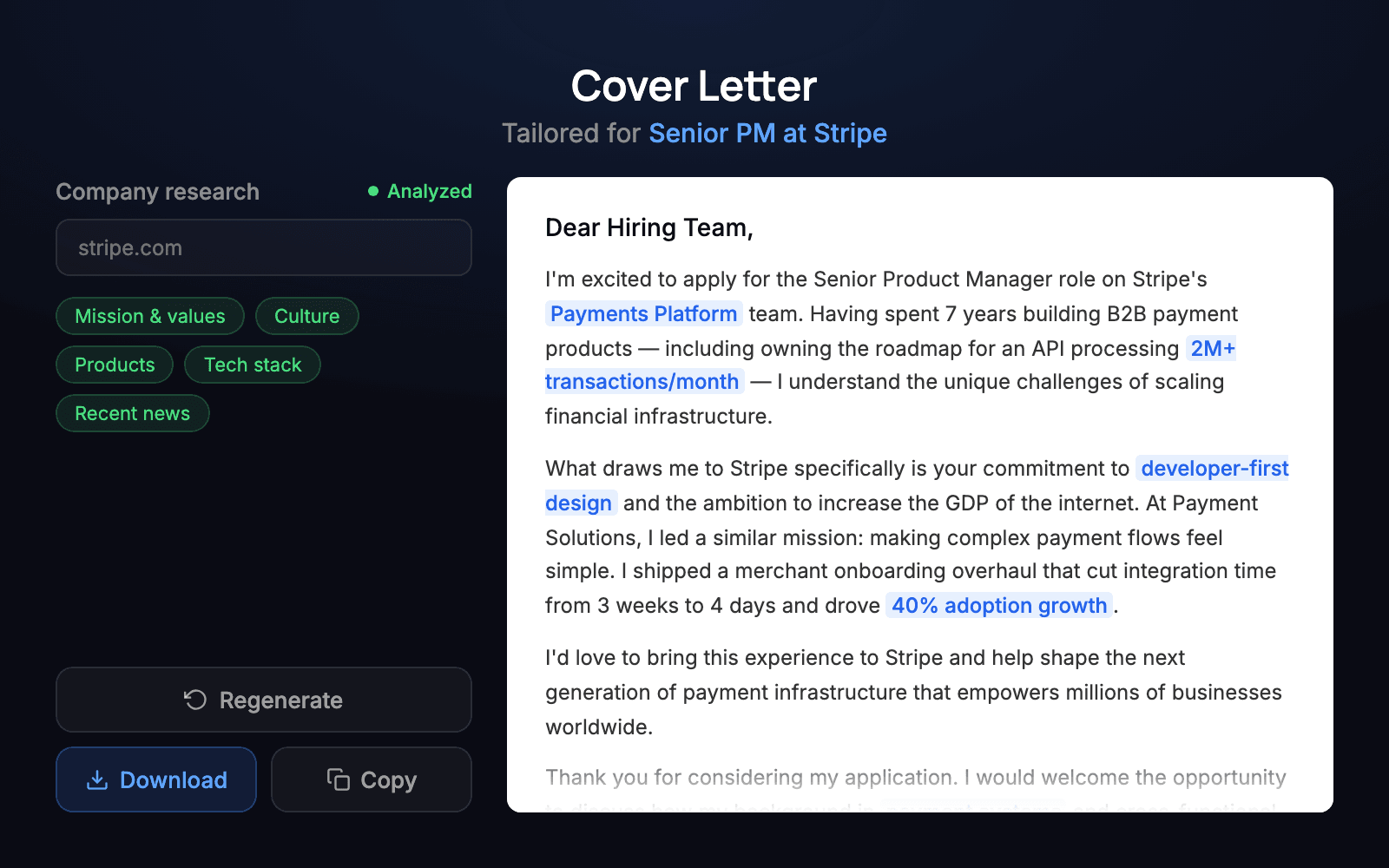 Generated cover letter with company research and keyword highlights